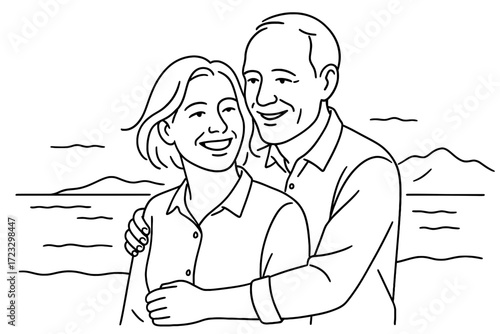Outline illustration of happy couple embracing outdoors with mountains and sea