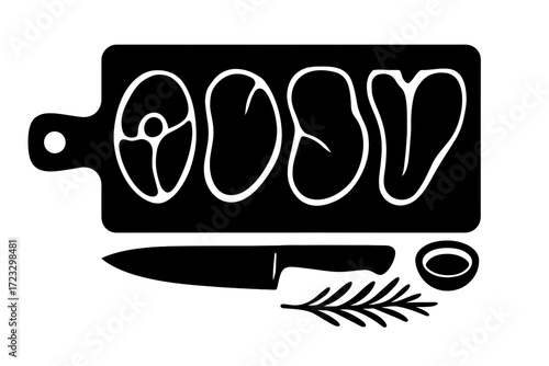 Silhouette cutting board with raw meat steaks knife and herbs cooking concept