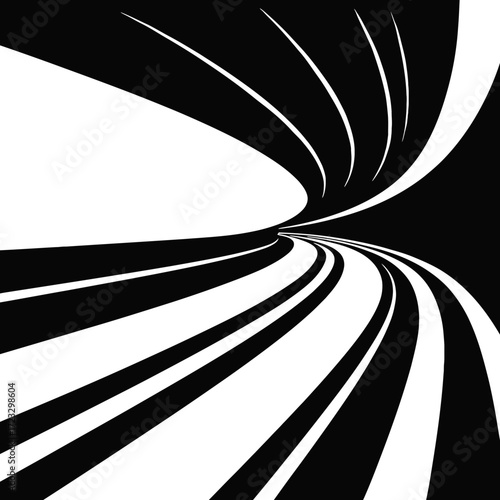 Black and white abstract curved lines forming tunnel perspective, speed motion