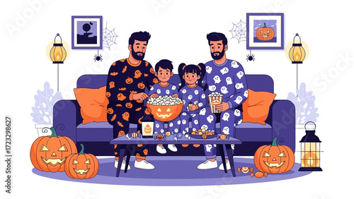 Halloween Family Movie Night: A heartwarming illustration captures a family dressed in festive attire, huddled together on the sofa, popcorn and jack-o'-lanterns.