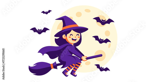 Whimsical Witch's Flight: A charming witch, adorned in a classic pointed hat and flowing cape, joyfully soars through the night sky on her broom, accompanied by playful bats and a glowing full moon. 