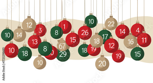 Festive Christmas advent calendar with numbered ornaments in red and green, perfect for holiday countdowns and seasonal promotions.