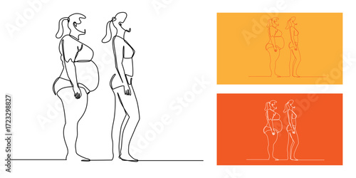 Continuous line art of overweight woman and slim woman. Minimalist body transformation illustration symbolizing diet, fitness, health, weight loss, and lifestyle change.