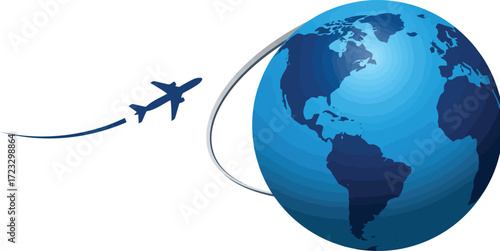 Airplane flying around the globe connecting continents global travel vector
