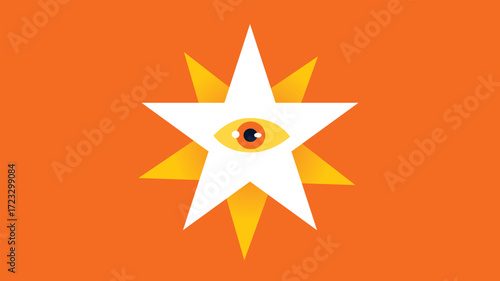 White star eye symbol with orange sunburst abstract background