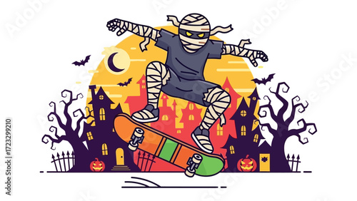 Halloween Mummy on Skateboard: A spirited mummy, adorned in traditional bandages, performs a daring skateboard trick beneath a bewitching Halloween moon and spooky silhouettes.