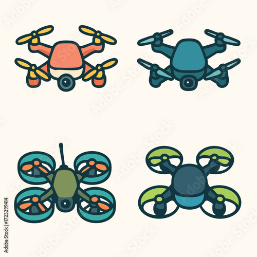 Stylized Quadcopter Drone Vector Set.