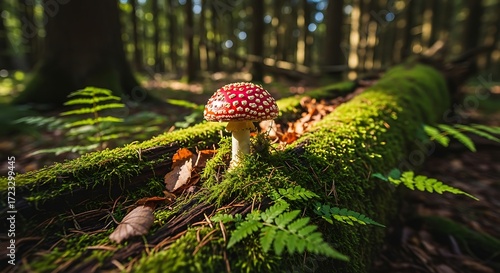 Red fly agaric mushroom on a mossy log in a sunlit forest.