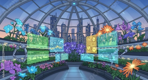Modern greenhouse with city.