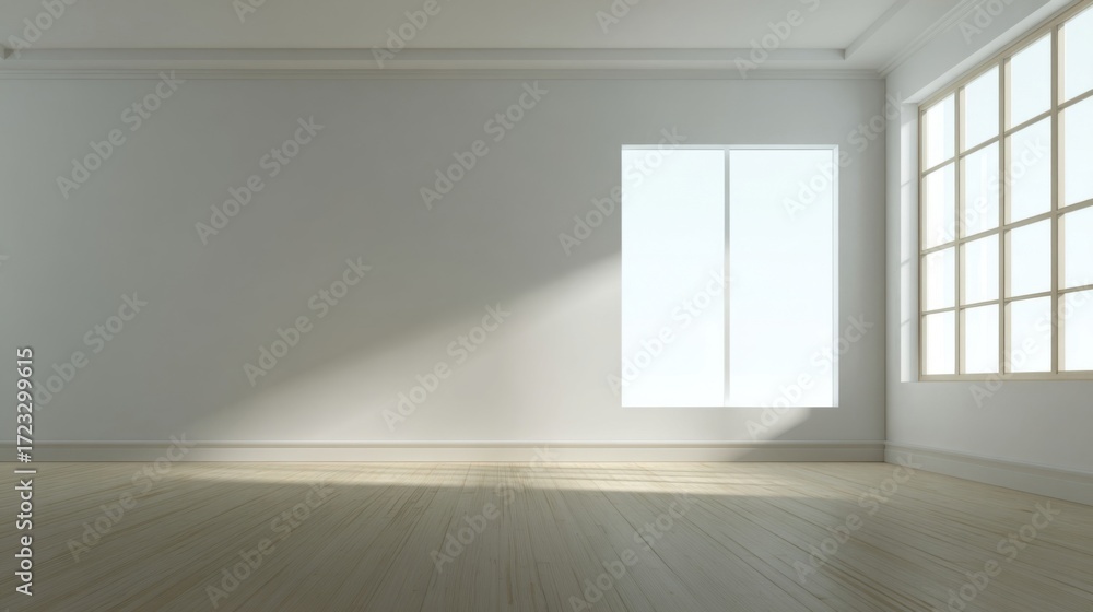 Fototapeta premium Minimalist interior room with light neutral walls and wooden floors, large multi-pane windows casting patterned shadows,