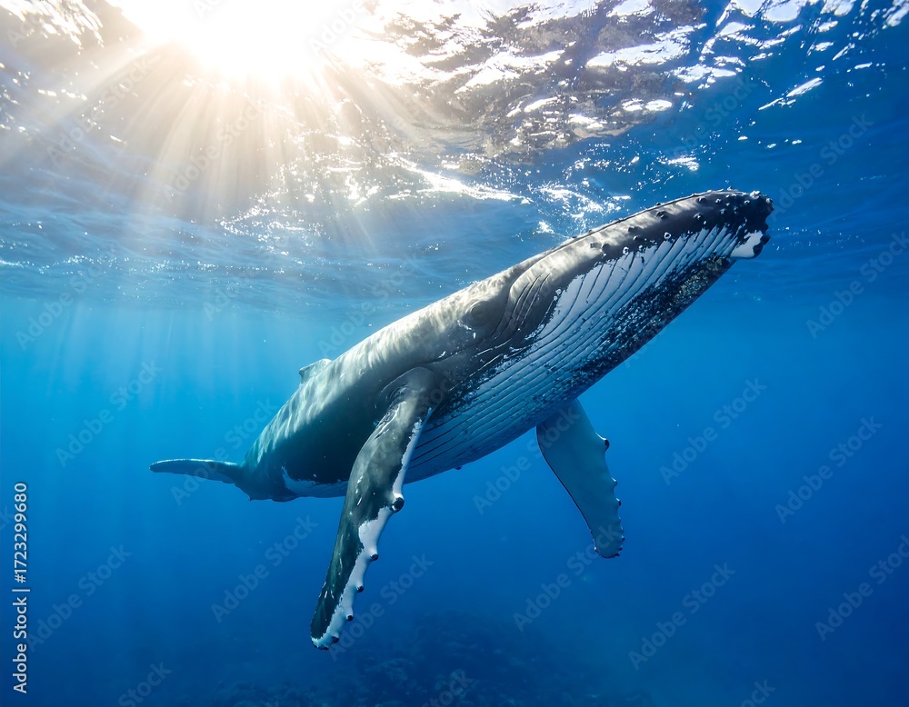 Fototapeta premium Whale swimming underwater. Sunlight beams through water