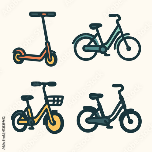 Various two wheeled urban transportation vehicles.