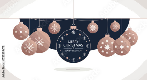 Elegant rose gold Christmas ornaments with snowflakes and 'Merry Christmas & Happy New Year' message create a festive celebratory backdrop