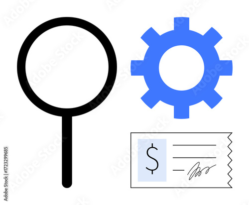 Magnifying glass highlights investigation, blue gear symbolizes processes, and signed invoice expresses financial transactions. Ideal for analytics, finance, optimization, audit, contracts, business