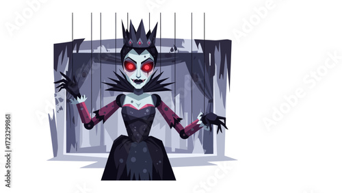 Puppet of Darkness: A mysterious, stylized illustration of a puppet queen with crimson eyes, and an unsettling ambiance in a gothic chamber.