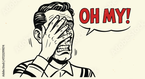 Man's facepalm oh my exaggerated expression retro comic art vector