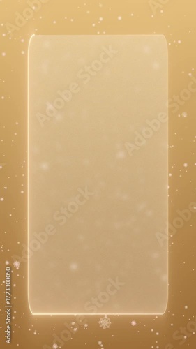 White snowflakes are falling on a golden background, and in the center there is a rectangle of frosted glass with neon lighting along the edge. Vertical video.