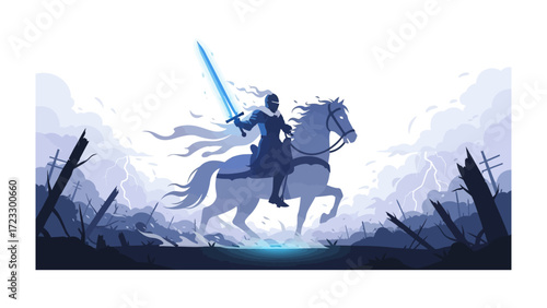 Heroic Figure Riding Through Battle: A valiant knight astride a majestic steed, wielding a glowing sword, charges fearlessly through a tumultuous battlefield landscape, symbolizing valor and courage.