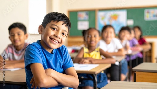 Kids learn and smile in classroom during school hours in a bright and engaging environment