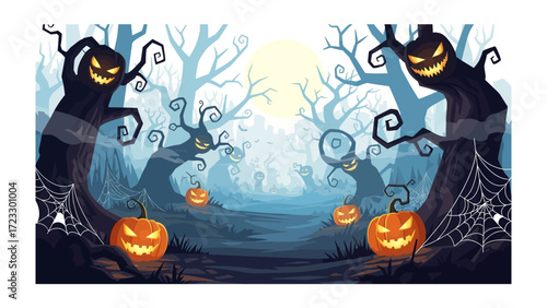 Spooky Halloween night: A eerie halloween illustration of jack-o'-lanterns in spooky environment.