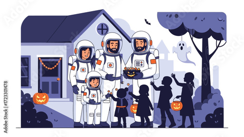 Halloween Spacewalk: A family, dressed in space suits, welcomes trick-or-treaters. An imaginative Halloween scene. 
