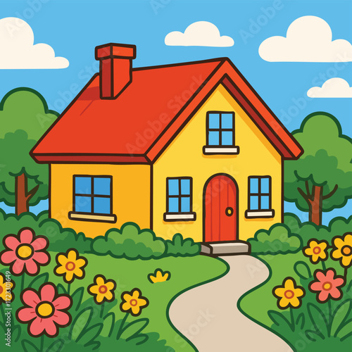 Cartoon house with flowers and a winding path.