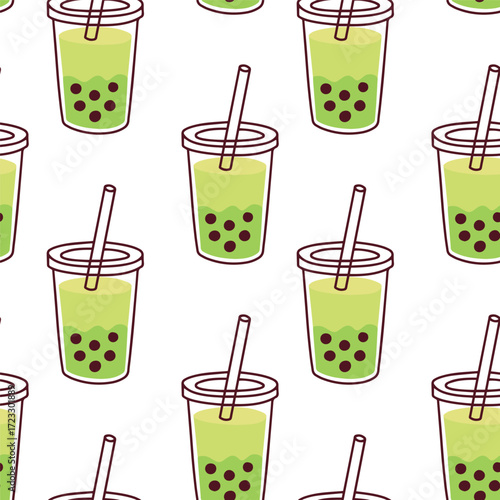 Seamless pattern of green bubble tea drinks in takeaway cups with straws. Sweet Asian beverage design for decoration and packaging.