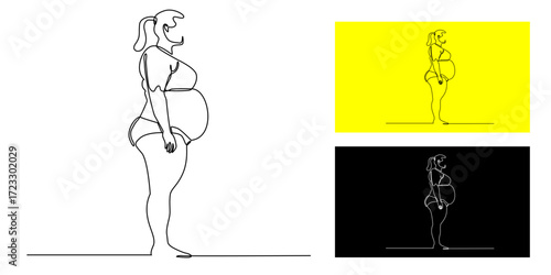 Continuous line drawing of overweight woman standing in side view. One line minimalist body shape illustration, plus size female figure, obesity concep