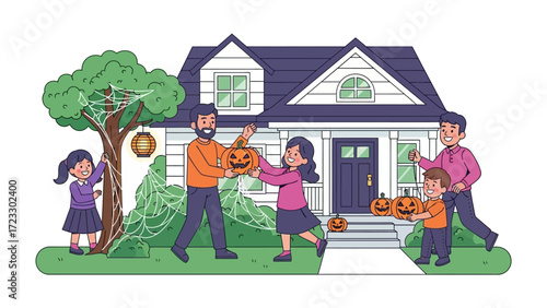 Halloween Family Home: A family prepares for Halloween, decorating their house with pumpkins and festive touches, epitomizing the spirit of community and tradition.