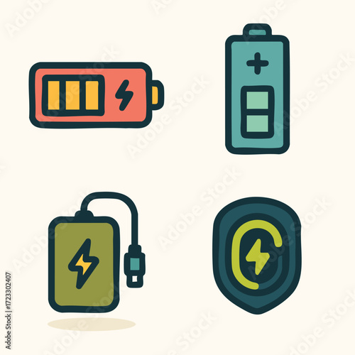 Colorful Battery and Power Bank Icons Set.