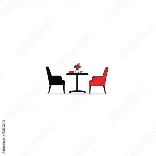 Minimalist dining chairs with table and red accents, modern elegance