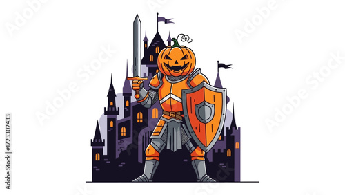 Pumpkin Knight in front of Castle: An orange pumpkin-headed knight, clad in shining armor, stands defiantly before a gothic castle, embodying the spirit of Halloween and fantasy.