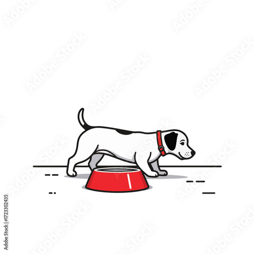 Playful dog approaches red bowl on minimalistic floor, pet care joy