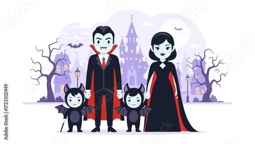 Spooky Family: An illustrative depiction of a family of vampires, standing in front of a spooky castle. This family embodies the Halloween spirit and a touch of the supernatural. 