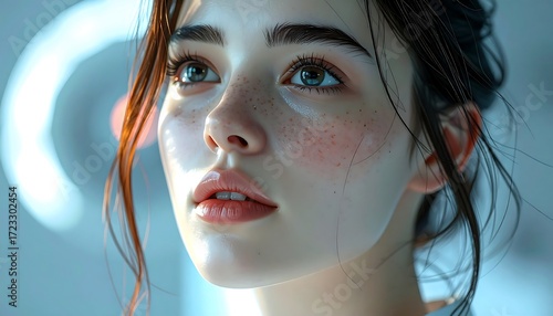 A close-up portrait captures a young woman's face, focusing on her eyes, freckles, and soft skin. She gazes upwards, bathed in soft light