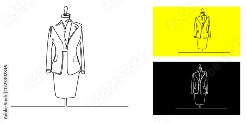 Continuous line drawing of a mannequin with a suit and skirt.Depicts fashion design, women's clothing, styling, and tailoring.one line drawing suitable for boutiques, clothing brands.