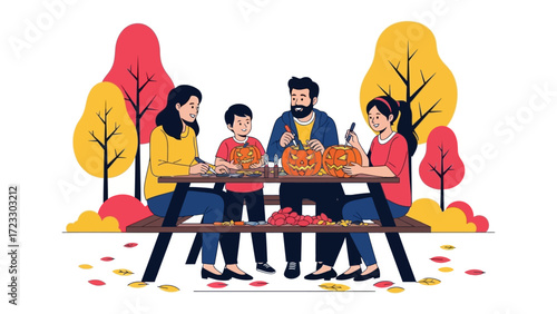 Pumpkin Carving: A family gathers around a picnic table, joyfully carving pumpkins, creating festive Jack-o'-lanterns amid the vibrant autumn foliage, perfect for fall.