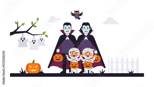 Spooky Halloween Gathering: A vibrant illustration captures the essence of Halloween, featuring two costumed vampires and two dressed-up kids, ready for trick-or-treating.
