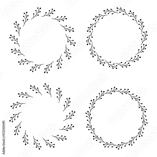 A set of wreaths, vector-drawn Christmas decorations. Christmas wreath, fir branches, plants, snowflakes. Vector illustration isolated on a white background.