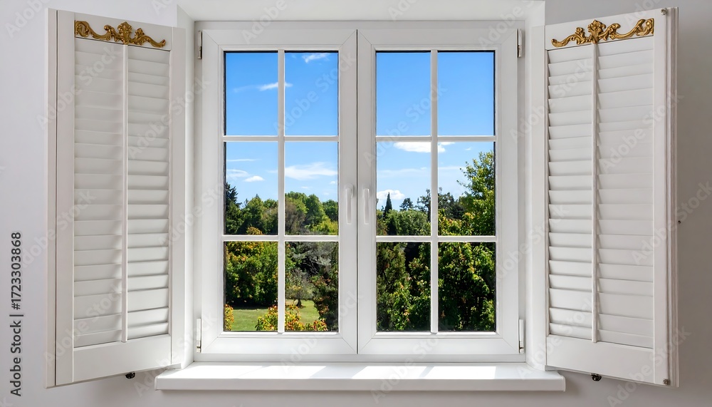 Fototapeta premium White window with shutters, garden view