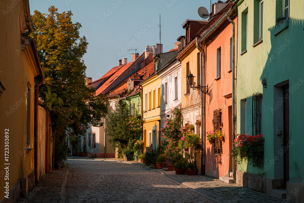 Obraz premium Street of colorful European houses, cobblestone road, soft morning light, eye-level shot