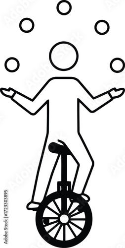 Skilled performer balances unicycle juggling balls fun circus act vector