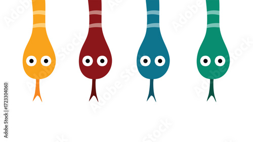 Four colorful snakes hanging downward with cartoon playful faces
