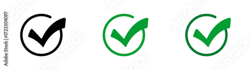 Three check marks with circular frames in black and green.