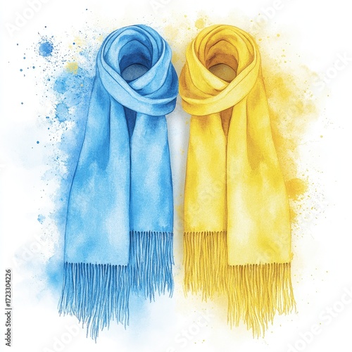 Two patterned scarves, blue and yellow, with fringes