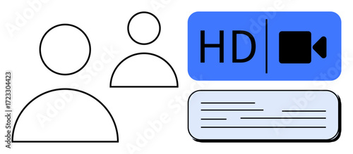 Two user icons representing participants, HD video camera icon, and a message box. Ideal for communication, video conference, online meetings, live chat, team collaboration, digital interaction