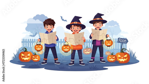 Halloween Adventure: Three young adventurers dressed in festive witch hats explore the night with lanterns. They hold maps and pumpkins in the mysterious spooky season.
