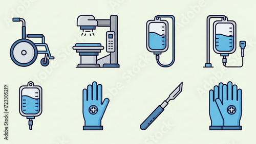 Essential medical equipment icons showcasing a hospital setup, featuring a wheelchair, surgical tools, IV drips, and protective gloves, promoting healthcare