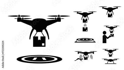 Futuristic drone delivery system concept delivering packages, showcasing innovation and convenience for modern logistics solutions, originally a vector