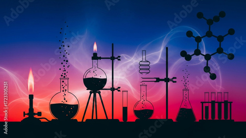 Dynamic chemistry lab setup with glassware, flames, and molecular structure perfect for science education and research concepts, originally vector art